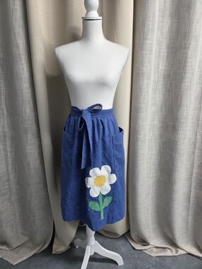 Blue Floral Appliqued Wrap Tie-Waist Skirt